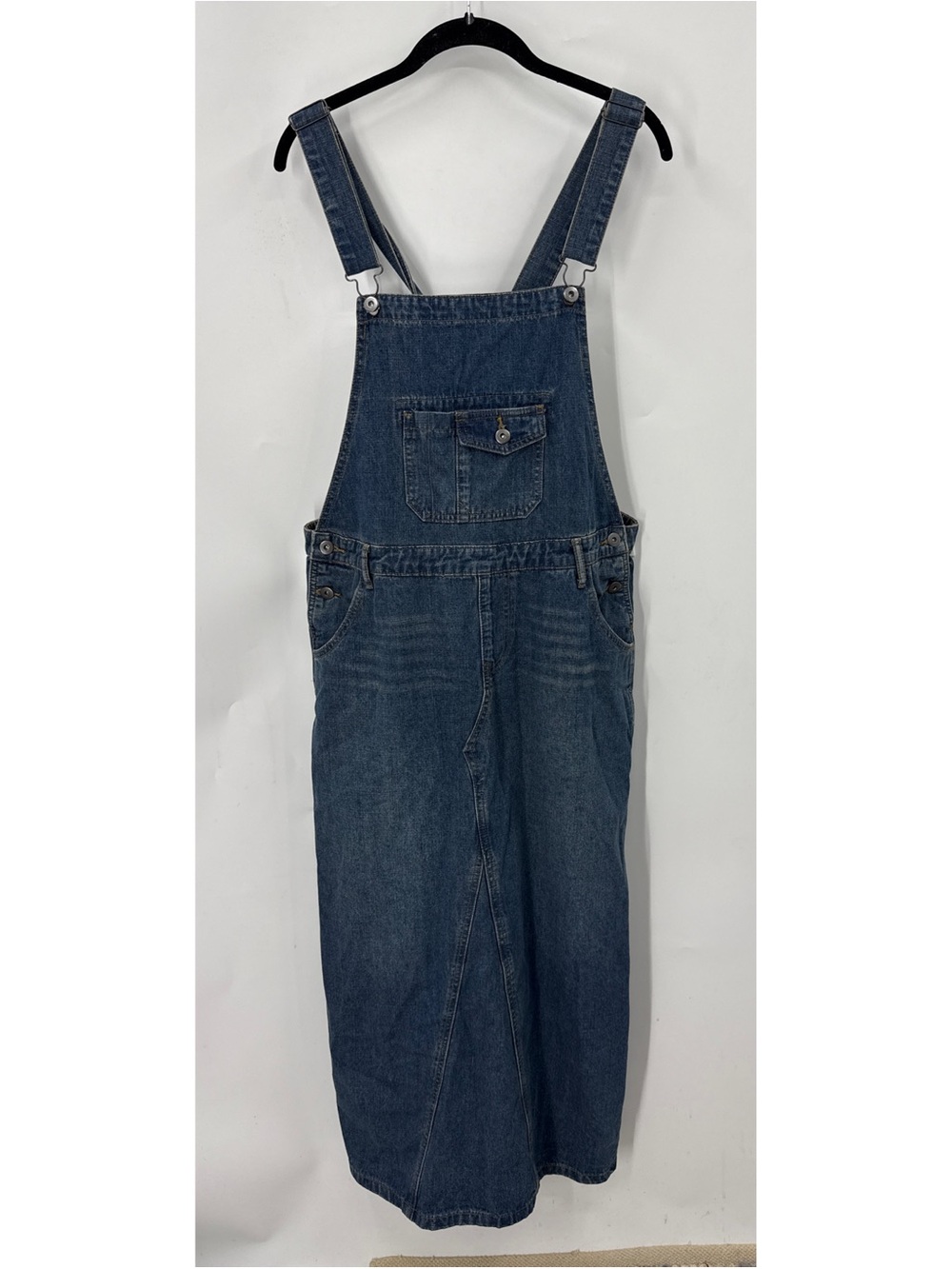 Madepants 100 % cotton denim bib overall midi dress, L